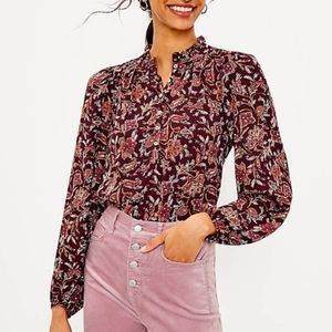 LOFT Bouquet Ruffle Neck Mixed Media Top - Delicate Plum